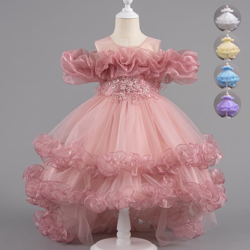 Girls' Dress with Short Front and Long Back, Tulle Tutu One-Shoulder Princess Dress, Summer Children's Wedding Holiday Performance Gown
