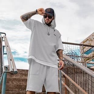 Faux Two-Piece Sports Set Men's Summer New Trendy Waffle Knit Casual Hooded Short Sleeve Shorts Two-Piece Set Cross-border