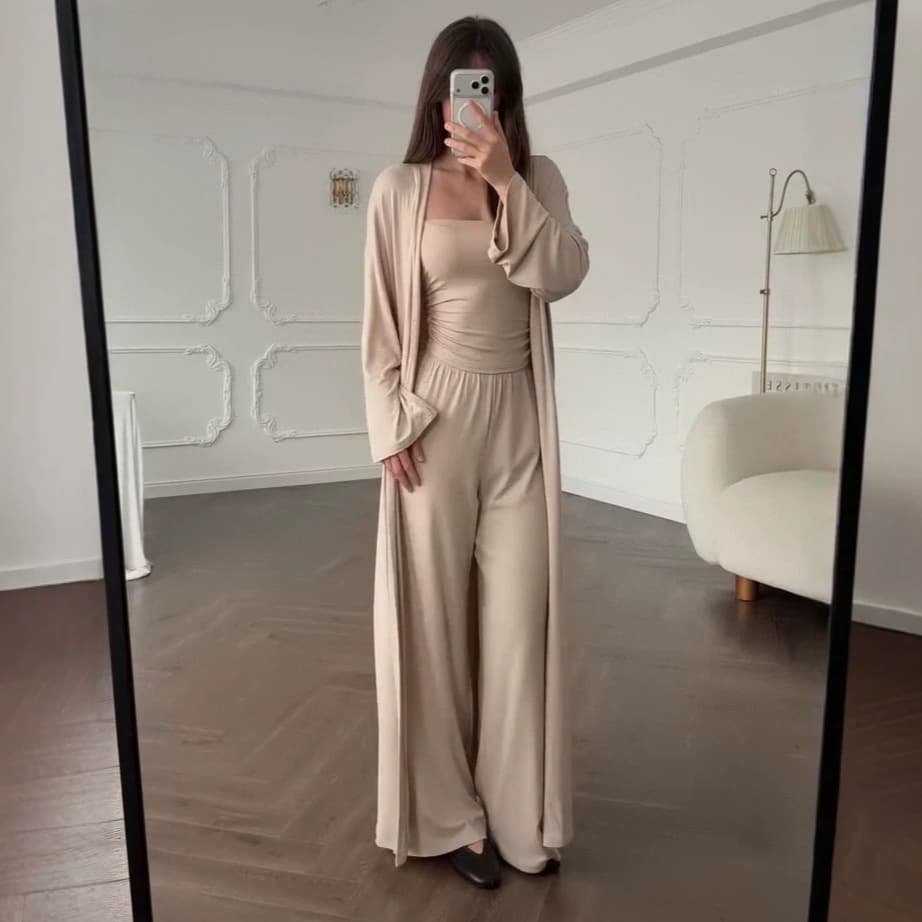 European and American Amazon 2026 new summer long-sleeved high-waist casual slim cardigan long jacket with top and trousers