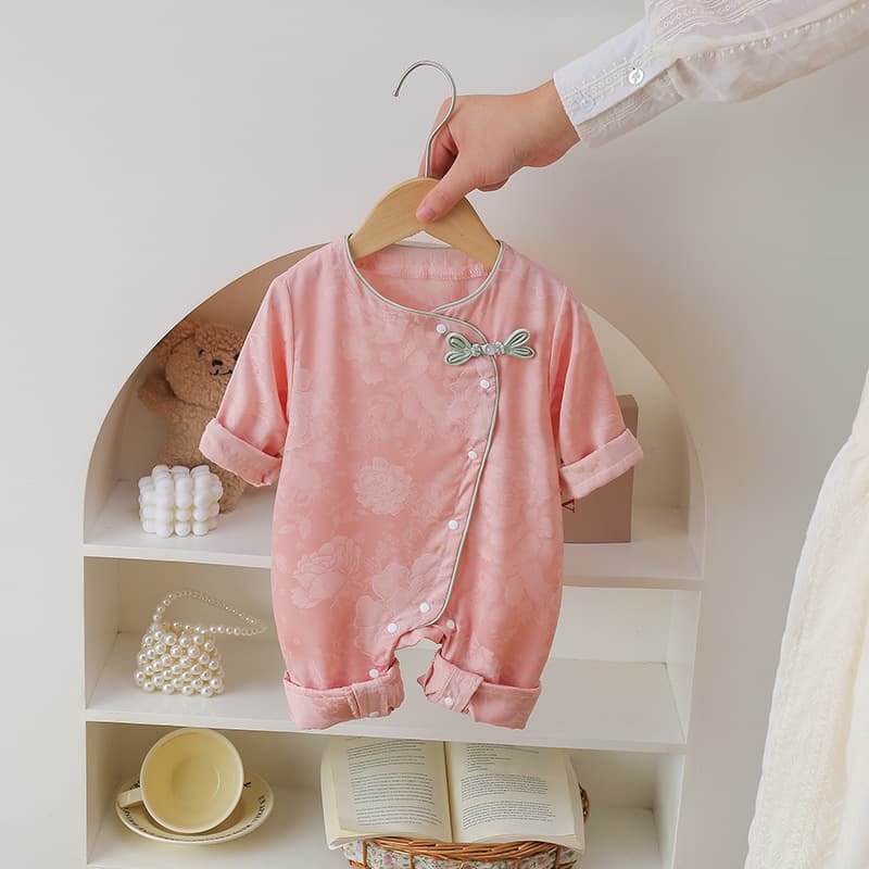 Summer Thin Baby Clothes, Chinese Style Gown for Full Moon, 100 Days, and First Birthday, Girls' Wrap Bodysuit, Long Sleeve Air Conditioning Outfit