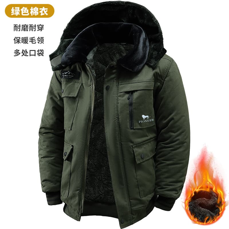 Source Factory Winter Fleece-Lined Thickened Work Cotton Coat Men's Hooded Windproof Cold-Proof Labor Cotton Jacket Outdoor Construction Cotton Coat