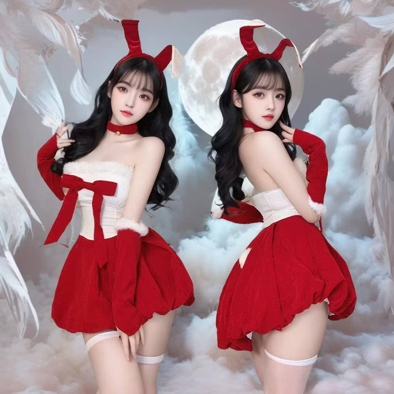Pure and seductive Christmas clothing, velvet strapless dress, bunny girl seductive uniform, Christmas outfit, party maid dress.