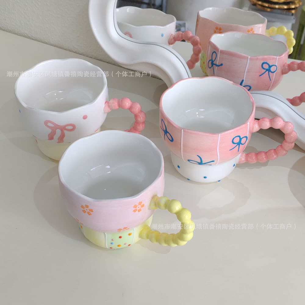 High-quality underglaze hand-painted cute bow tie mug coffee cup 3D ceramic water cup cartoon ins style
