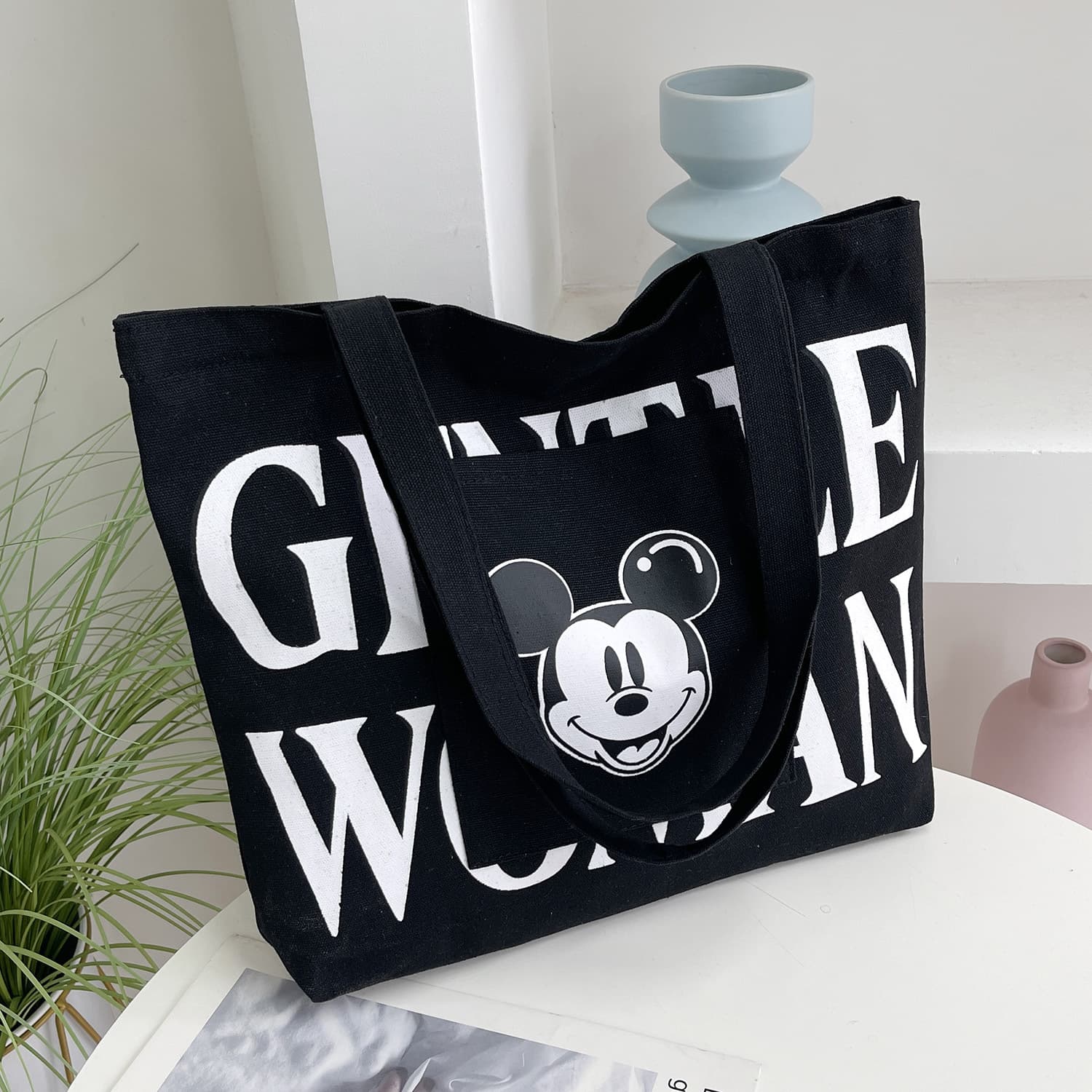 Large Capacity Letter Canvas Bag for Women Summer New Mickey Fashion Shoulder Tote Bag Outdoor Handheld Shopping Bag