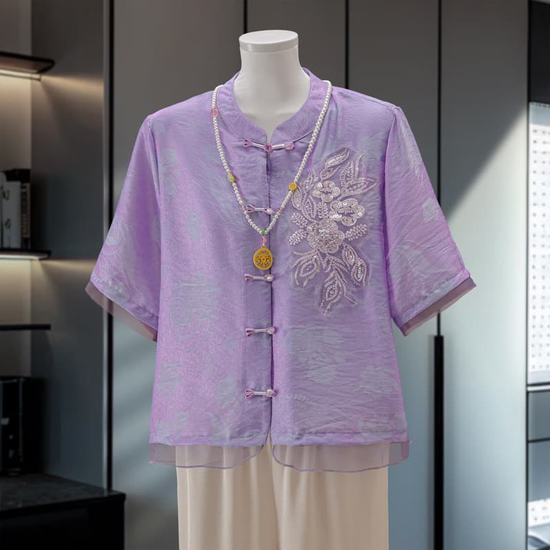 Mother's Summer Thin Jacket for Ages 50-60, New Chinese Style Embroidery with Sequins, National Trend Middle-aged and Elderly Women's Blouse