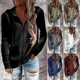 European American Fall/Winter New Striped Casual Sweatshirt, Loose Knit Zip-Up Long-Sleeve Hooded Sweater for Women