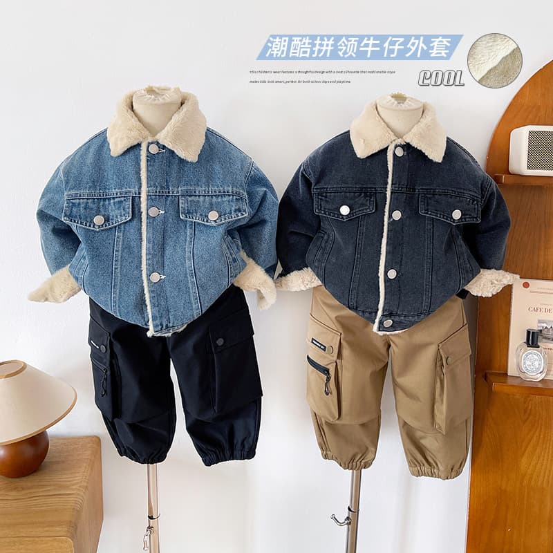 Valley of the Wind 2025 Winter New Arrival Kids' Korean-style Fleece-Lined Thick Denim Jacket, Unisex Autumn/Winter Warm Top
