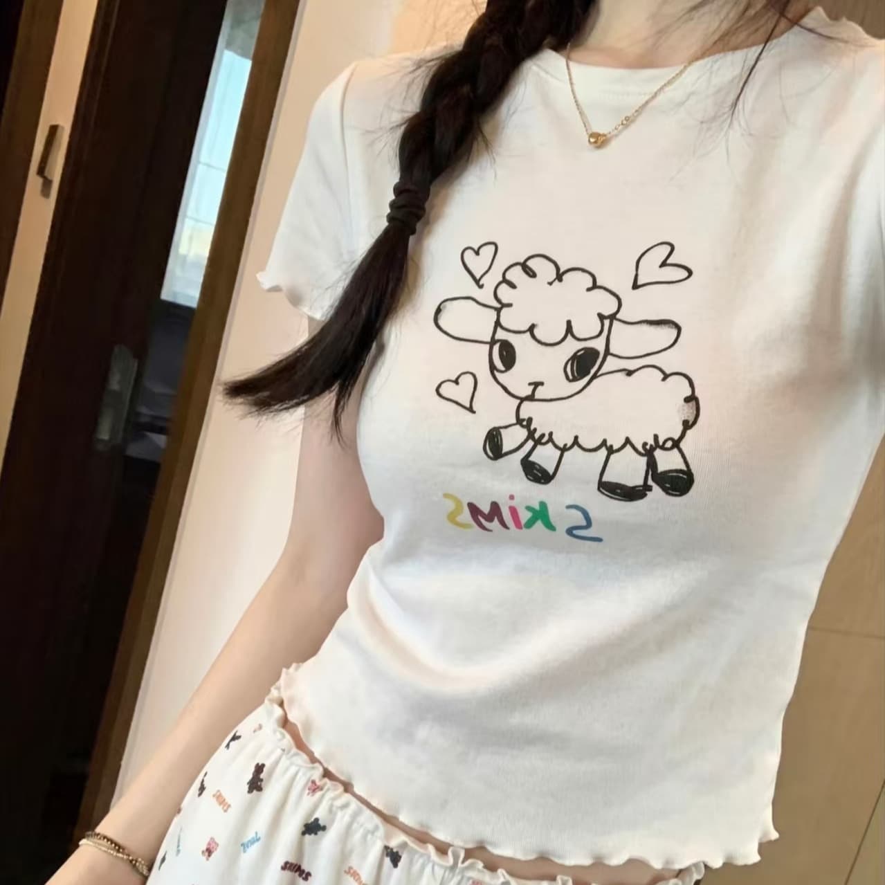 Skims Limited Edition Lamb Print Graffiti Lace Round Neck Short Sleeve T-Shirt Women's Top Heart Summer Pure Cotton Tee