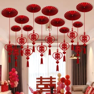 Hanging ornaments for men and women, decorative fan, double happiness character, new house wedding ceiling decoration, wedding living room confetti, bedroom decoration