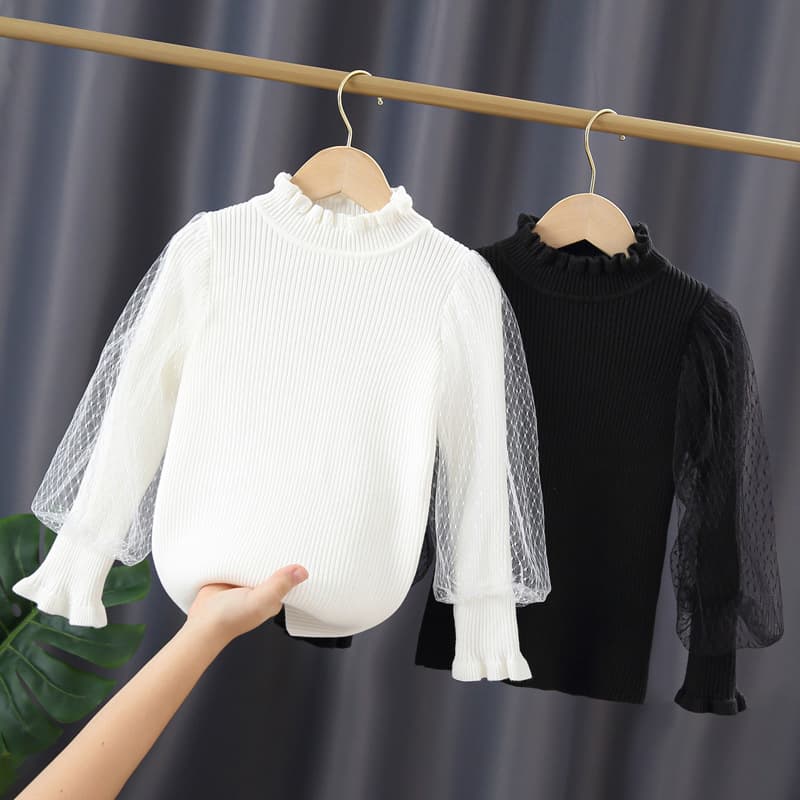 Girls Fleece Lined Long Sleeve Bubble Sleeve Sweater Base Layer Shirt Spring Autumn Baby Inner Wear Fashionable Top for Kids