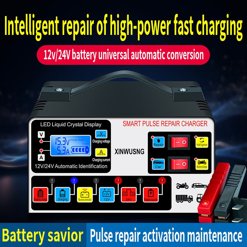 Cross-Border Dedicated Car Battery Charger 12-24V for Motorcycles, Pure Copper Intelligent Pulse Repair High Power