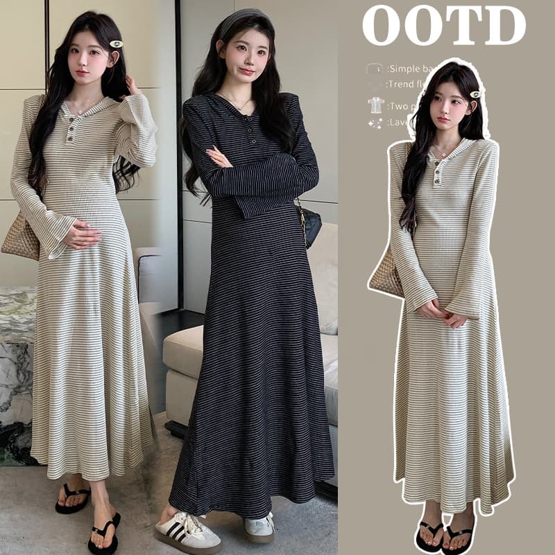 New Fall/Winter Loose Fit Hooded Striped Long Maternity Dress, Slimming and Sweet