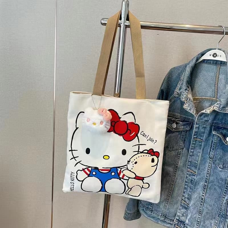 Hello Kitty Canvas Bag Large Capacity Student Single Shoulder Handbag Cute KT Cat Tote Bag