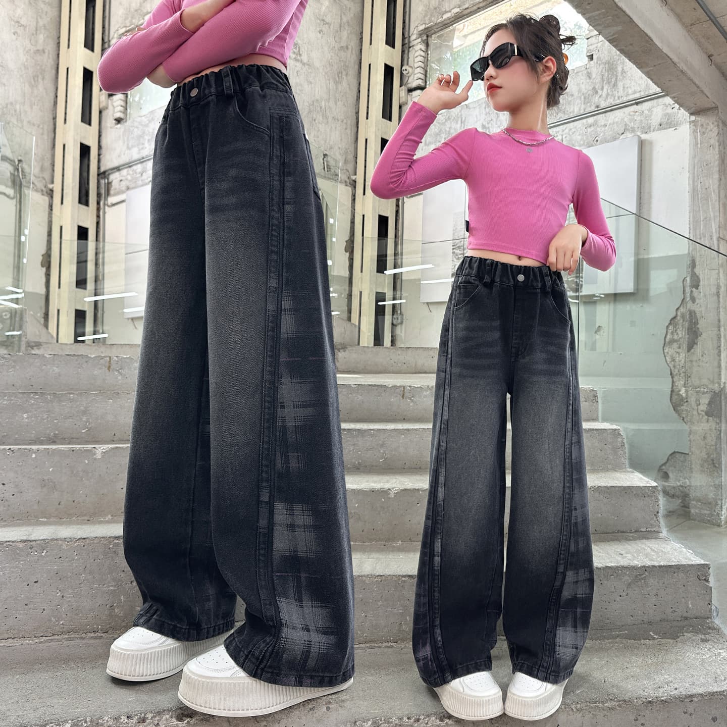 Girls' Retro Jeans 2026 Fall New Arrival Mid-Large Kids Plaid Spliced Wide-Leg Pants Curved Blade Pants Early Autumn Pants