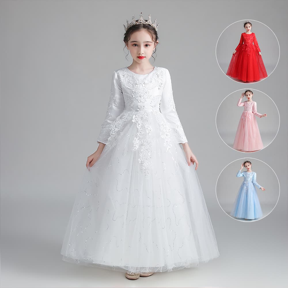 Girls' Princess Puffy Tulle Long Dress, 2023 New Autumn/Winter Children's Formal Wear, Flower Girl Wedding Dress, Thickened