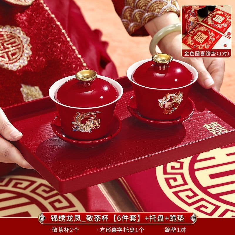 Matching Lidded Tea Cup and Bowl Combo, Red Ceremonial Dowry Set with Ancestral Bowls for Wedding