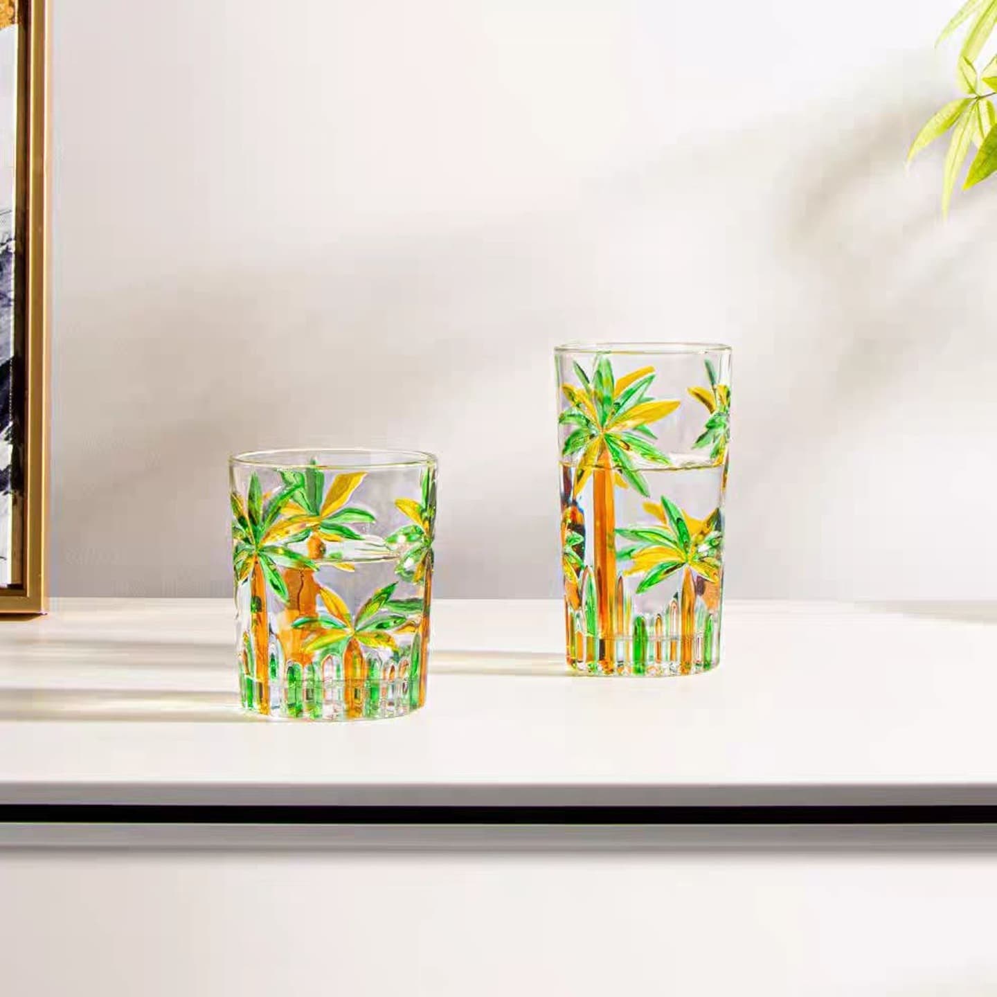 New High-Aesthetic Coconut Tree Heat-Resistant Glass Cup Ins-Style Painted Home Cola Cup Juice Cup Tea Cup