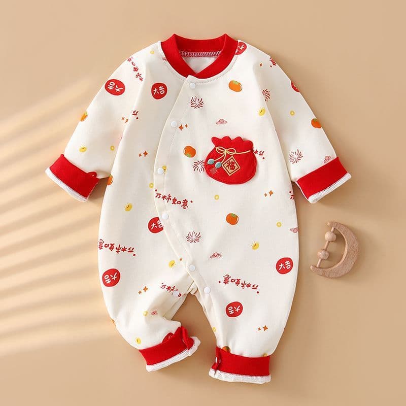 Newborn Cute New Style Baby Onesie Spring Autumn Infant Crawling Suit Chinese Style Red Outfit for Boys and Girls