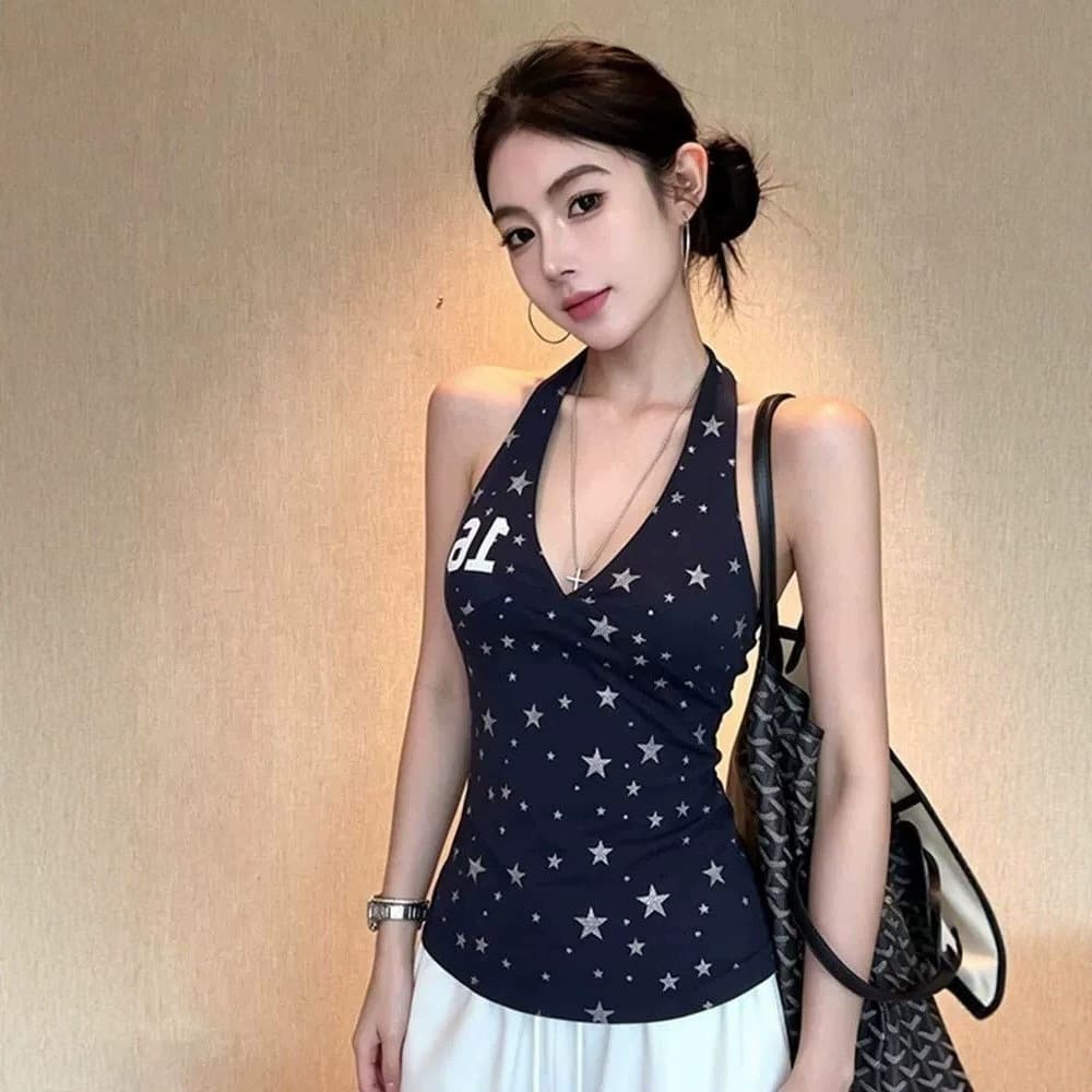 American-style star-printed halterneck vest for hot girls in summer, slim-fitting and pure-desire design, backless short top