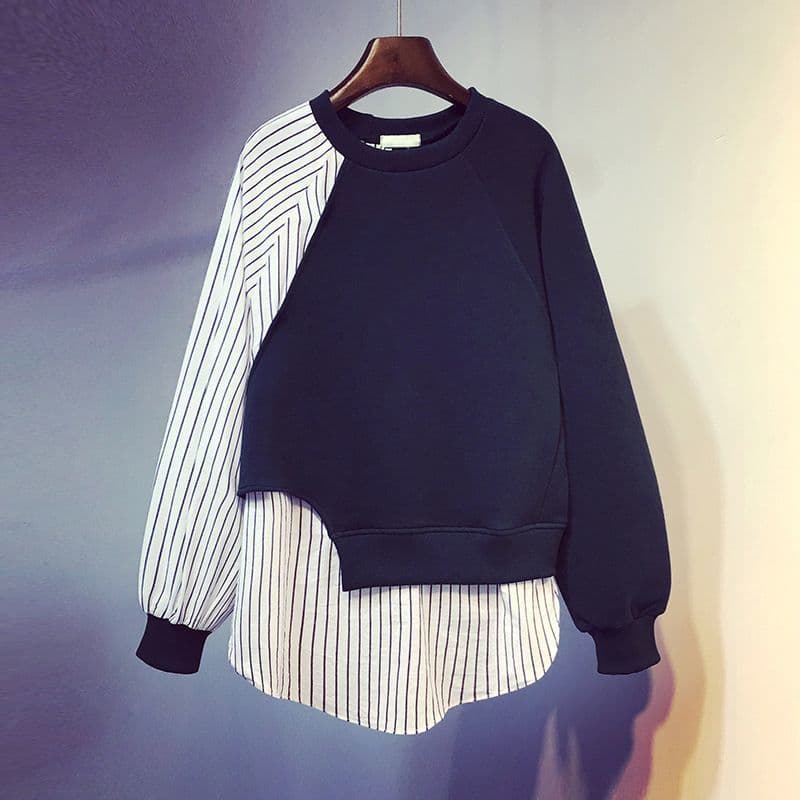 Plus Size Oversized Lightweight Spring/Autumn Korean Style Loose Striped Contrast Color Fake Two-Piece Pullover Hoodie for Women