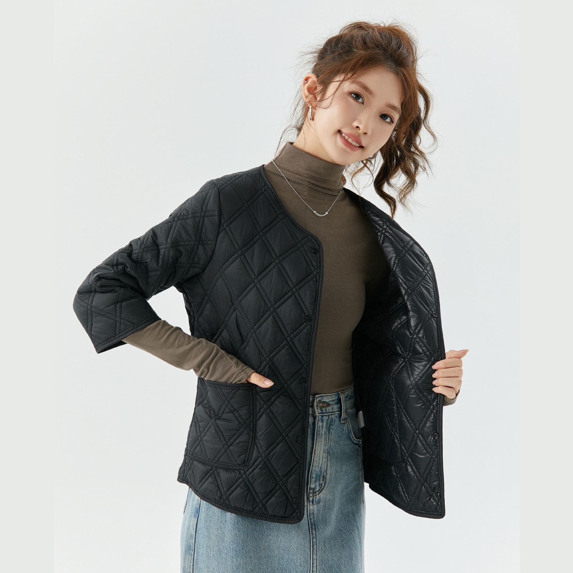 Women's Lightweight Warm 3/4 Short-Sleeved Cotton Lined Cotton-Padded Jacket, Fleece-Lined, Can Be Worn Outerwear 2409