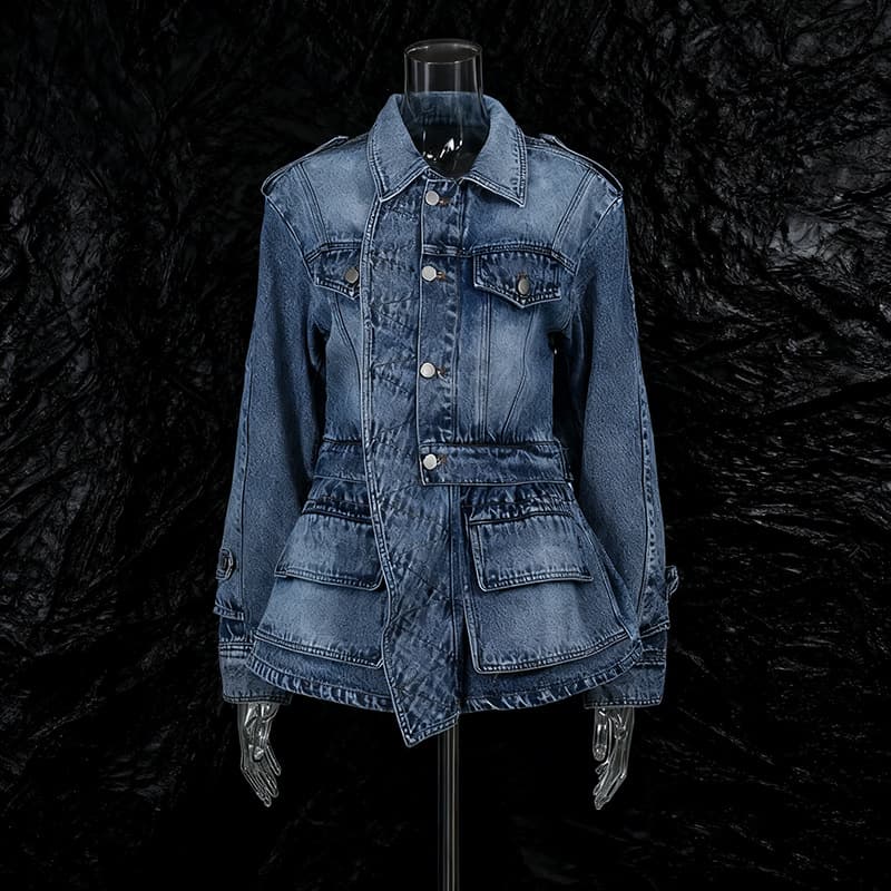 European and American Street Style Jacket 2026 New Fashion Ruffle Single-Breasted Notched Collar 3D Denim Jacket for Women