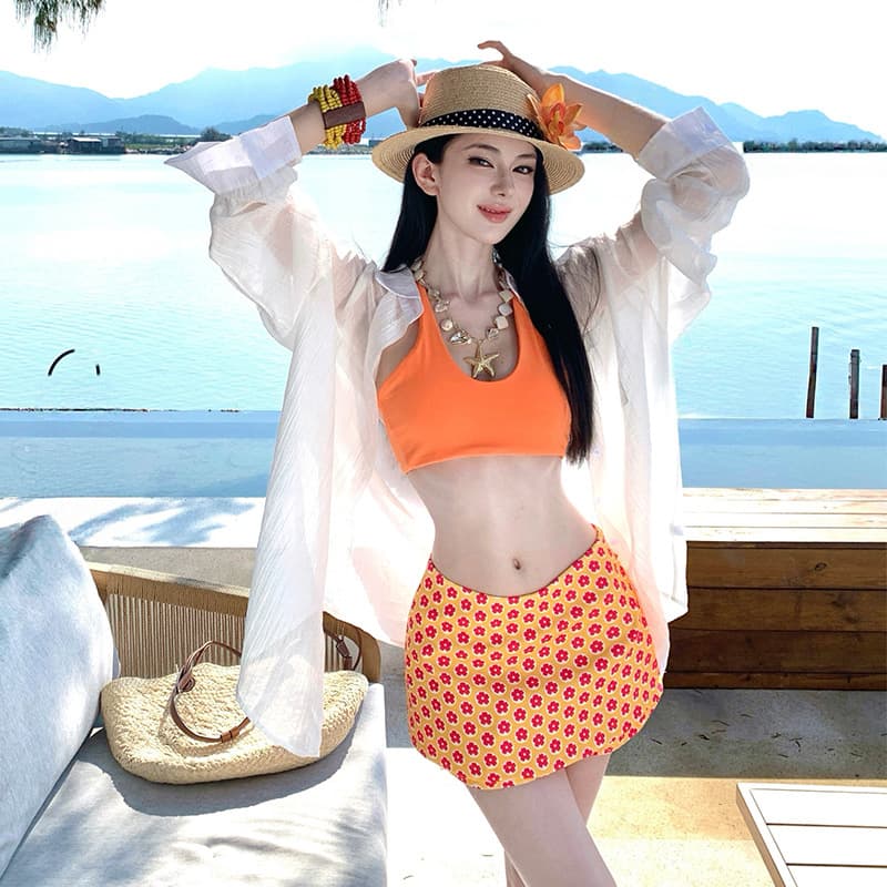 Orange Bikini Swimsuit Women Three-Piece Floral Skirt Shorts + Sun Protection Shirt Beach Vacation Hot Spring Travel Gear