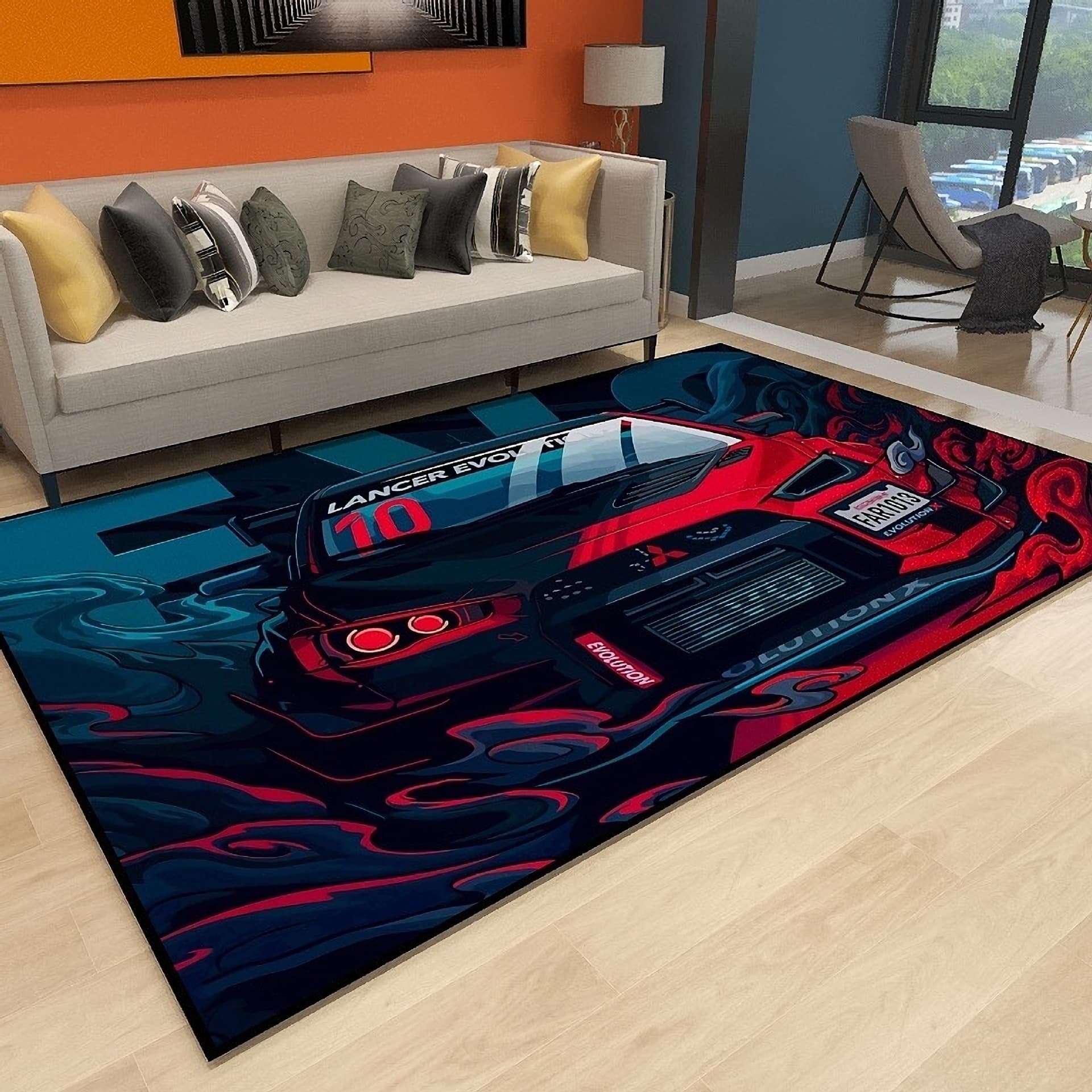 Modern Living Room Bedroom Carpet Racing Theme Full Coverage Anti-Slip Easy to Maintain Polyester Fiber Square Printed Floor Mat