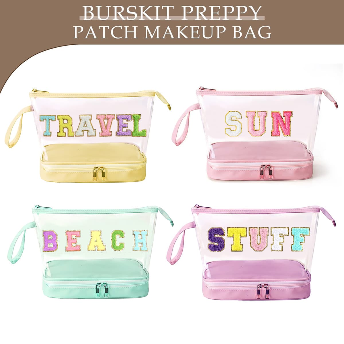 Wholesale Triangular 3D Simple Towel Embroidered Letter Patch Cosmetic Bag Multifunctional Waterproof Transparent PVC Zipper Pouch