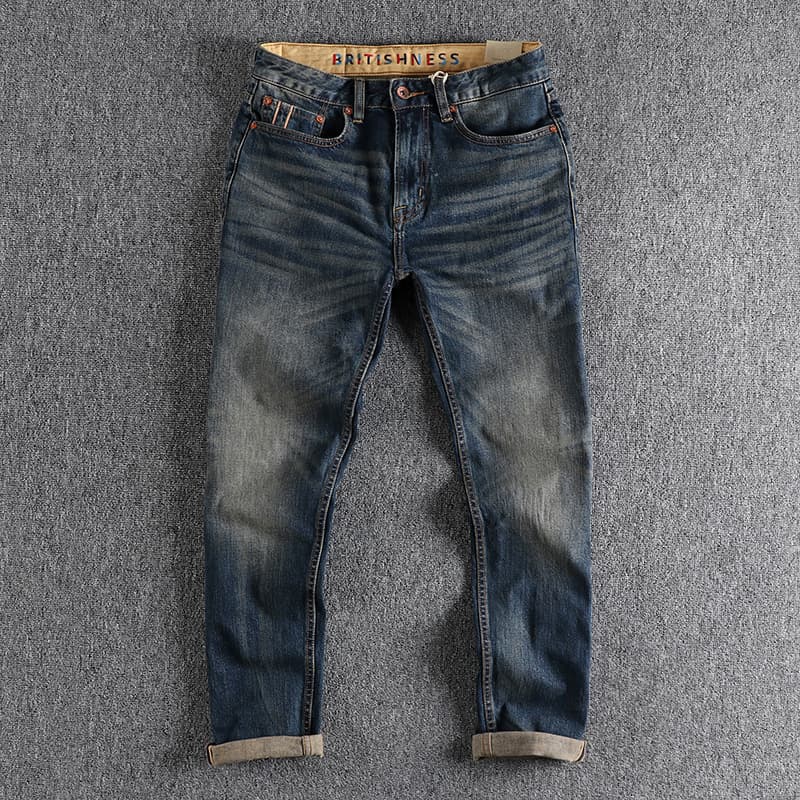 Retro washed distressed red-edged selvedge denim jeans for men, slightly stretchy, comfortable fit, straight-leg trendy youth trousers