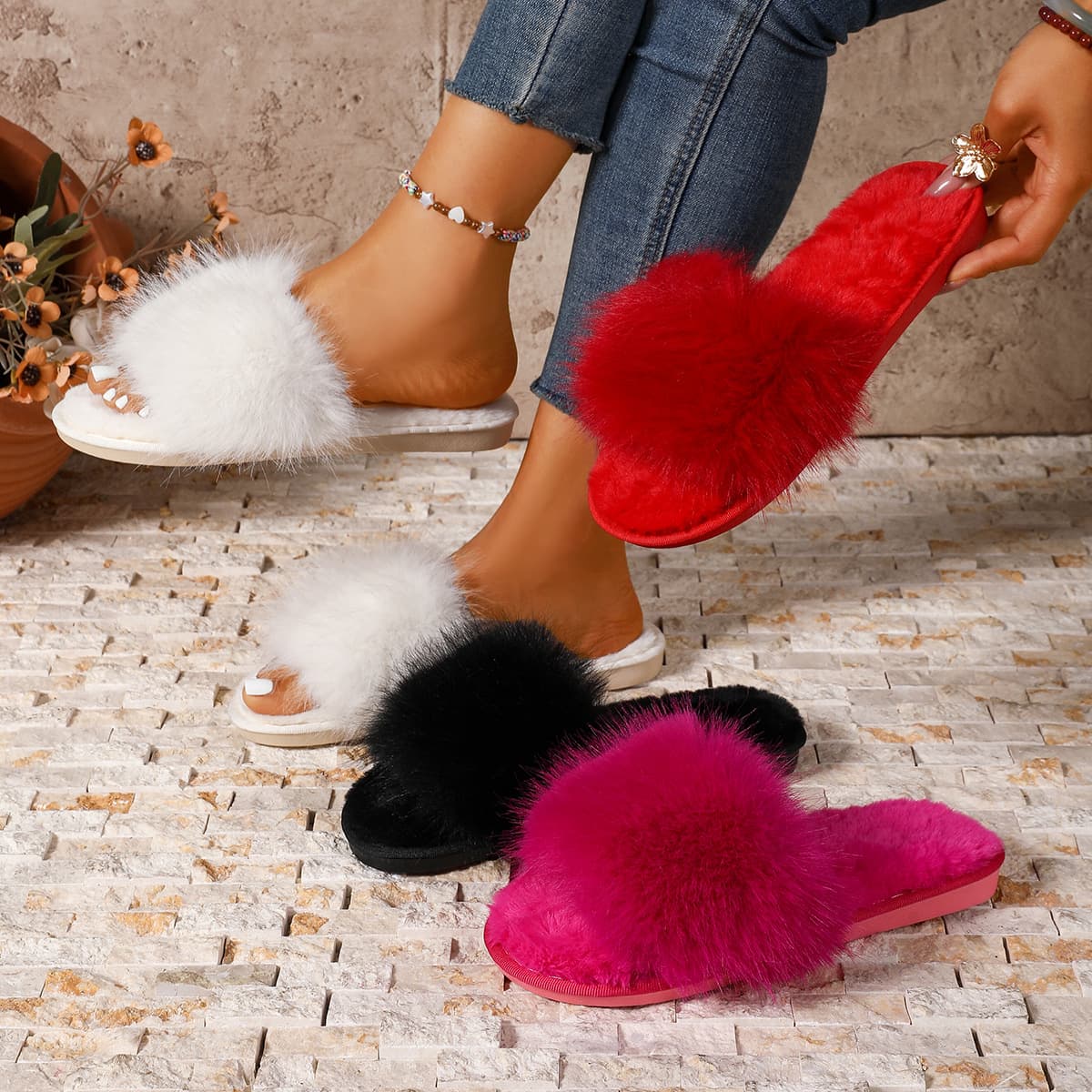 Cross-border Solid Color One-strap Fuzzy Slippers for Women, Winter Indoor Floor Slippers, Flat, Warm, Open-toe, Plush Cotton Shoes
