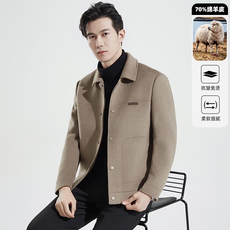Autumn/Winter Handmade Double-Faced Wool Lapel Jacket for Men, Detachable Down Inner Lining, Thickened Wool Men's Outerwear