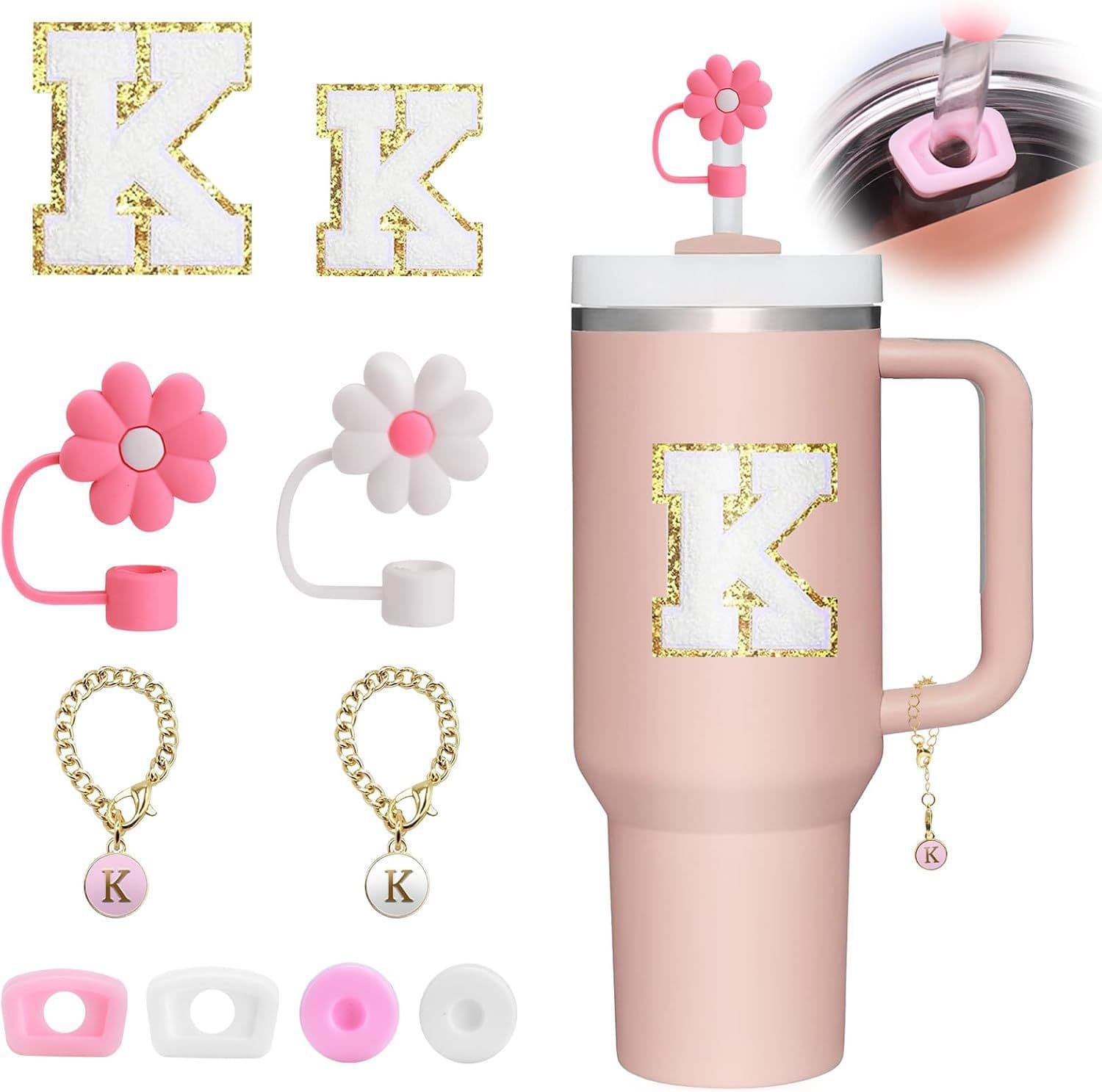 Hot Sale 26 English Letters Cup Pendant Flower Straw Cap Towel Embroidery Gold Rim Letter Patch Anti-Spill Plug Dustproof