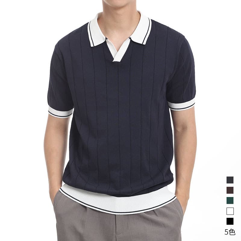 Old money style seagull collar ice silk knitted polo shirt men's casual V-neck contrast color quick-drying polo t-shirt short-sleeved men's clothing