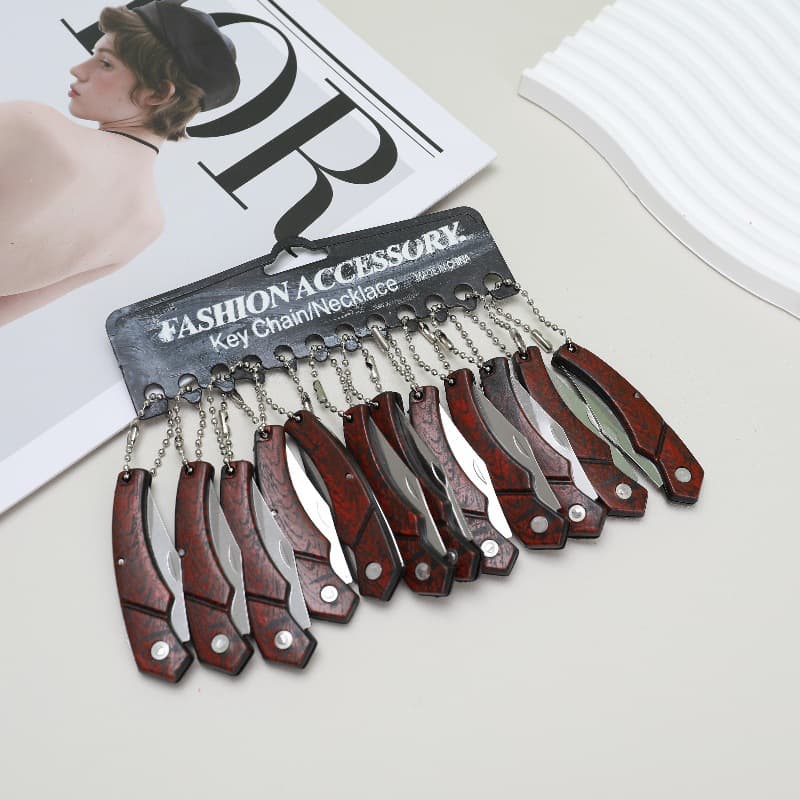 Imitation wood grain folding fruit knife with chain camping portable knife household sharp folding knife for dormitory students parcel opener