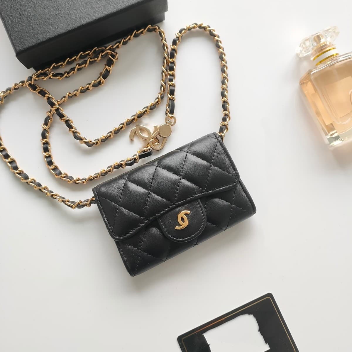 European and American Style Quilted Luxury Leather Caviar Card Holder Coin Purse with Chain Crossbody Small Bag for Women