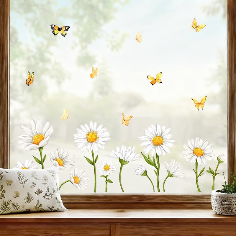 New Spring White Daisy Glass Window Decoration Sticker PVC Self-Adhesive Flower Butterfly Animal Kids' Room Wall Sticker