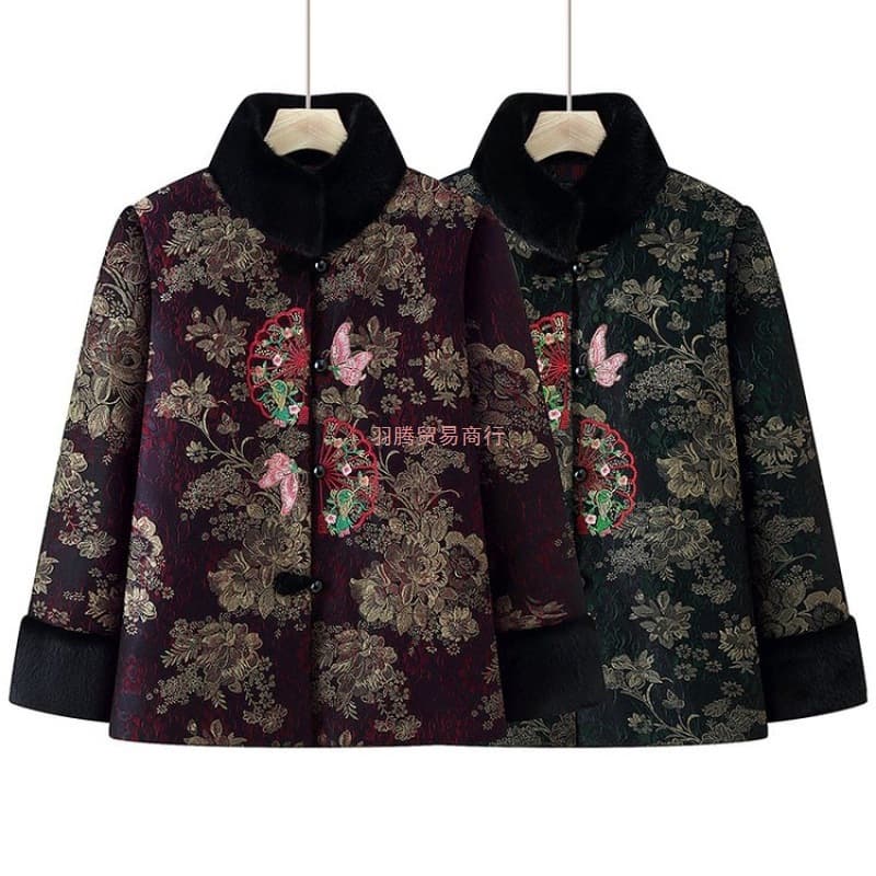 Winter Quilted Jacket for Elderly Women, Tang-Style Thickened Cotton Coat with Fleece Lining, Grandmother's Button-Front Winter Wear