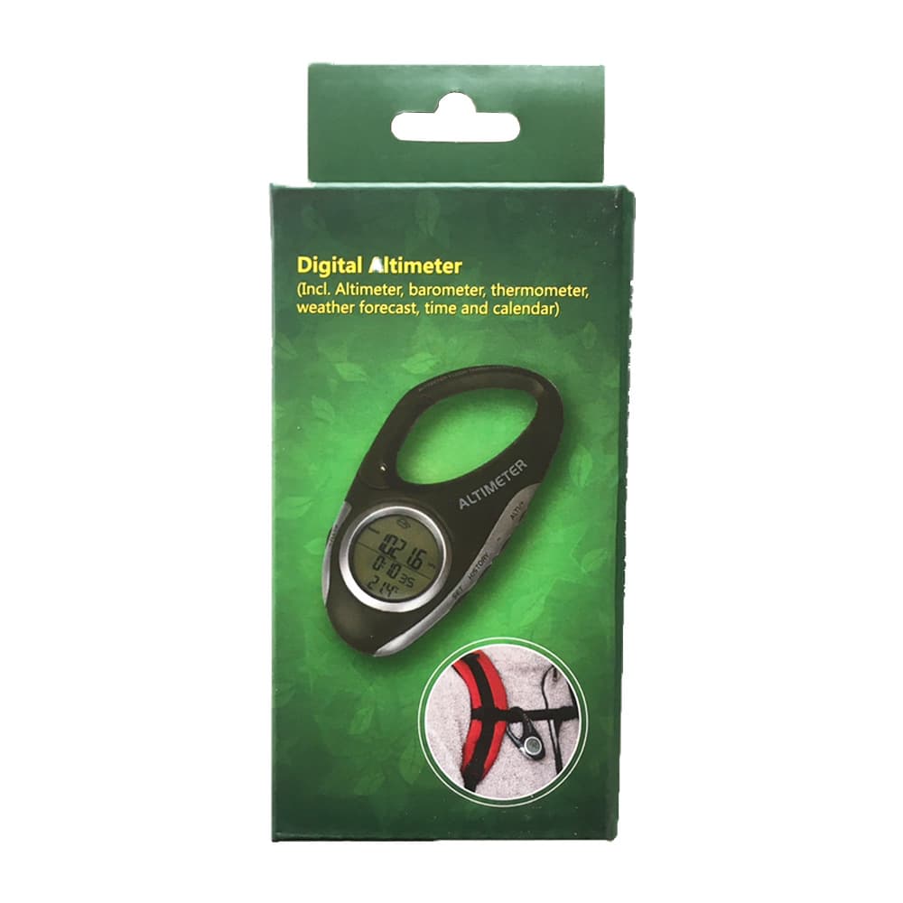 Multifunctional electronic altimeter with carabiner, snap-on digital barometer, clock + thermometer