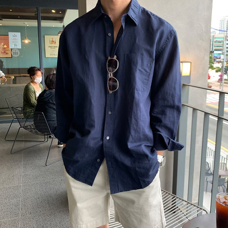 Blue Shirt for Men Premium Trendy Japanese Design Korean Style Island Outfit Casual Long Sleeve Shirt Jacket