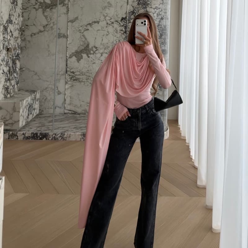 2026 European and American Ins Pure and Sexy Fashionable Round Neck Bodysuit with Pleated Waist, Slightly Sheer Long Sleeve, and Ribbon Base Top