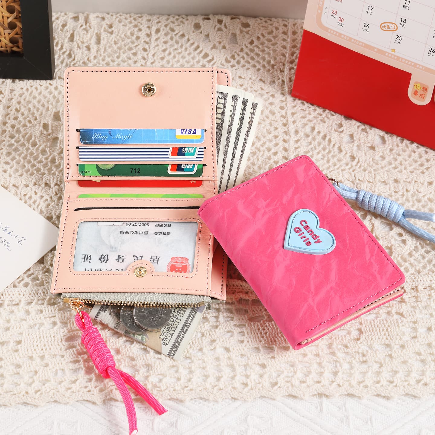Lanyard Wallet ~ Korean Style INS Heart Candy Wallet Women's Simple Short Wallet Wholesale Two-Fold Student Wallet