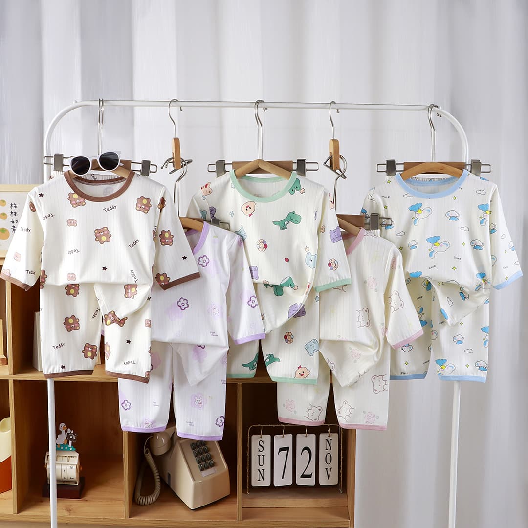Summer three-quarter sleeve suit for boys and girls, girl's thin air-conditioned suit, baby split suit, pajamas two-piece set