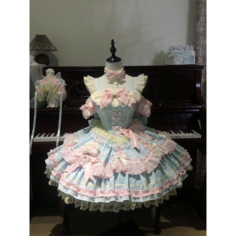 Blue Pink Candy Color Sweet Style Dress, Elegant Lady, Graceful Adult, Cute Princess Dress Lolita