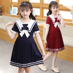 Girls Short Sleeve Summer Dress, Princess Dress Lolita JK Navy Style Little Girl Dress