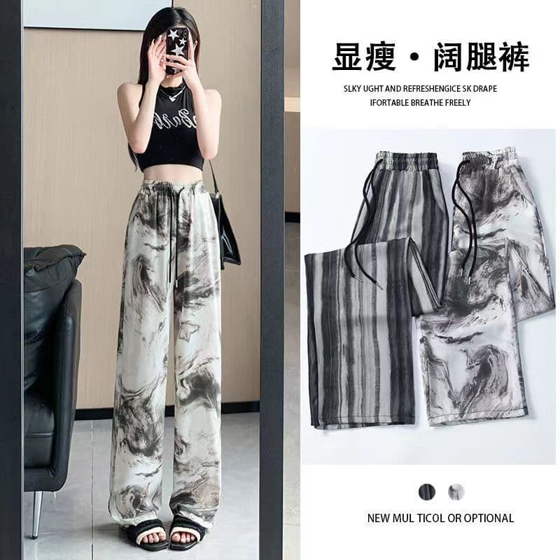Ice Silk Wide Leg Pants Women's Summer Thin Chinese Style Water Ink Cool Sun Protection High Waist Casual Long Pants
