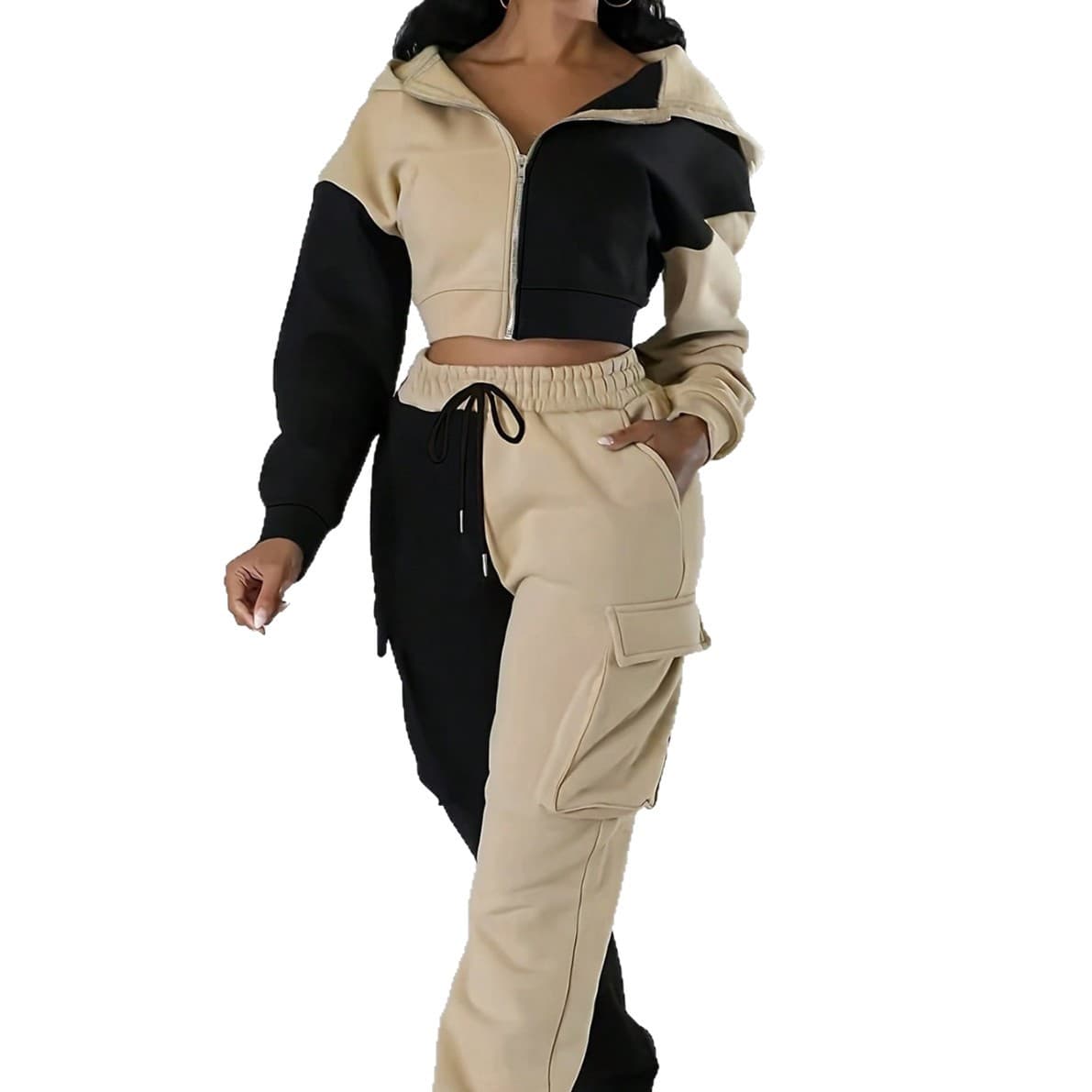 US/EU Cross-border In Stock Spring/Fall New Trendy Color-Block Hooded Jacket + Cargo Sweatpants Two-Piece Set