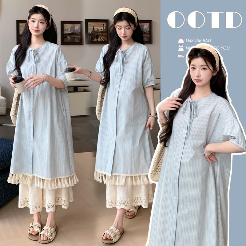 Artistic and Unique Beautiful Summer Outfits 2026 New Blue Striped Blouse Dress Lace Wide-Leg Pants Maternity Wear