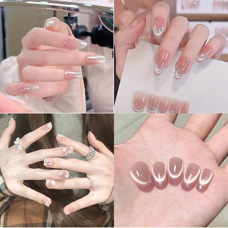 Bulb Cat Eye Handmade Wearable Nails, Ins Style High-End Nude Gradient, Pure Desire Whitening Aurora Powder Cat Eye Nail Stickers