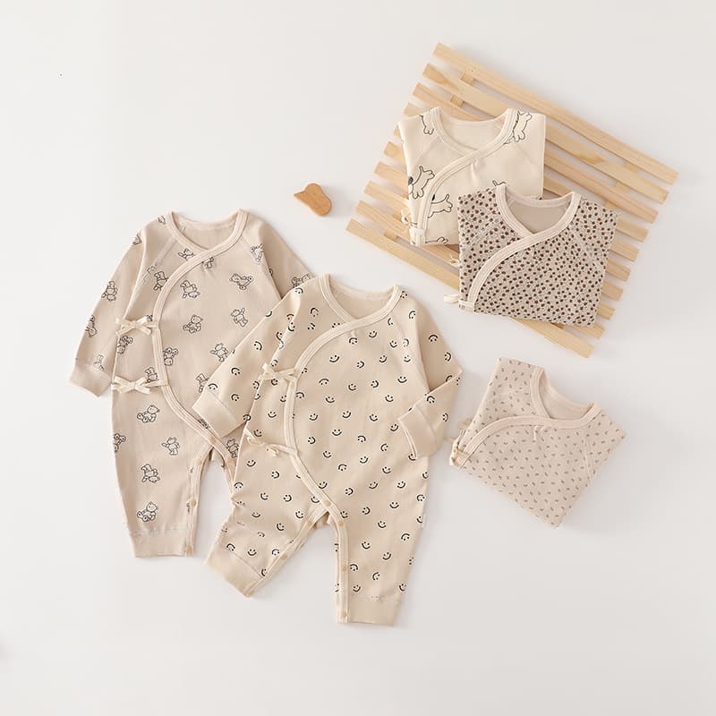 Newborn Baby Spring Autumn Cotton Bodysuit, Class A Infant Monk Style Butterfly Outfit with Tie Closure